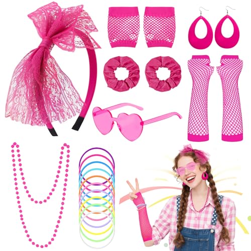 Jokureao 18-teiliges 80er-Jahre-Kostüm-Zubehör-Set für Damen und Mädchen, 1980er-Jahre-Stil, Retro-Kostüm, Partykleid, Zubehör-Set mit Stirnband, Halskette und Sonnenbrille für Disco, Cosplay-Kostüm von Jokureao