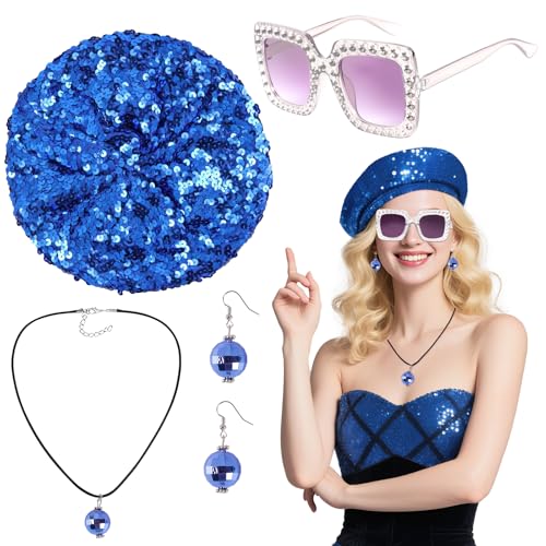 Jokureao 4-teiliges Disco-Zubehör-Set für Damen, Disco-Zubehör mit Paillettenhut, glitzernde Sonnenbrille, Ohrringe und Halskette, 70er-Jahre Abba-Kostüm, Glitzer-Party-Outfit, Thementanz-Geschenk von Jokureao