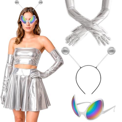 Jokureao 5 Stück Alien Kostüm Damen Set, Space Girl Kostüm Damen Silber, Alien Kostüm Set mit Glitzer Rock, Alien Haarreif und Brille, Perfekt für Karneval, Halloween, 80er Jahre Partys von Jokureao