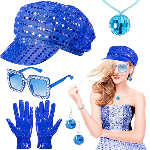 Jokureao 5-teiliges Disco-Kostüm-Set, 70er-Jahre, Disco-Zubehör mit Pailletten, Hut, Bling, Sonnenbrille, Ohrringe, 70er-Jahre-Kostüm, Damen-Zubehör, Disco-Zubehör für Damen, Retro, Hippie-Party Jokureao 5-teiliges Disco-Kostüm-Set, 70er-Jahre, Disco-Zubehör mit Pailletten, Hut, Bling, Sonnenbrille, Ohrringe, 70er-Jahre-Kostüm, Damen-Zubehör, Disco-Zubehör für Damen, Retro, Hippie-Party von Jokureao