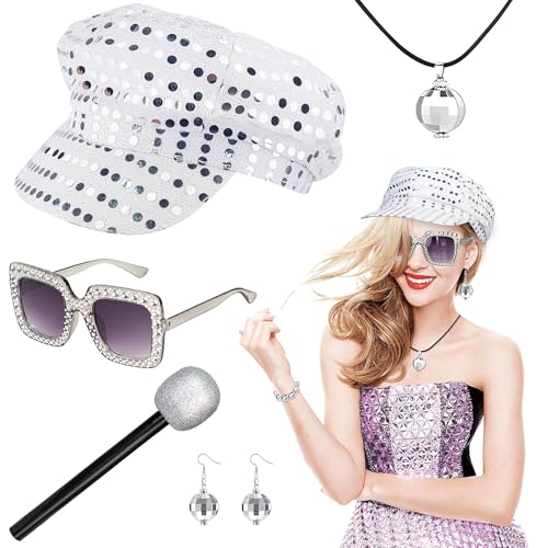 Jokureao 5-teiliges Disco-Kostüm-Set, 70er-Jahre, Disco-Zubehör mit Pailletten, Hut, Bling, Sonnenbrille, Ohrringe, 70er-Jahre-Kostüm, Damen-Zubehör, Disco-Zubehör für Damen, Retro, Hippie-Party Jokureao 5-teiliges Disco-Kostüm-Set, 70er-Jahre, Disco-Zubehör mit Pailletten, Hut, Bling, Sonnenbrille, Ohrringe, 70er-Jahre-Kostüm, Damen-Zubehör, Disco-Zubehör für Damen, Retro, Hippie-Party von Jokureao