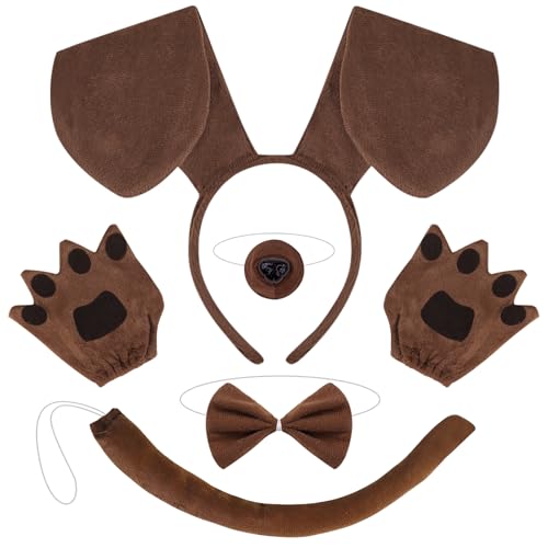 Jokureao 5Stück Welpen-Kostüm-Set, Hund Stirnband Ohren, Fliege, Schwanz, Pfote Handschuhe, Tier Welpen Hund Kostüm Set für Erwachsene Kinder Karneval Welttag des Buches Cosplay Party von Jokureao