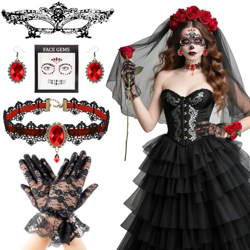Jokureao 6 Stück Tag der Toten Kostümzubehör für Damen, Blumen-Stirnband Halloween mit Rose, Gothic-Spitzen-Halskette, schwarze Maske, Handschuhe und Zuckerschädel-Gesichtstattoos, Dia de los Muertos Jokureao 6 Stück Tag der Toten Kostümzubehör für Damen, Blumen-Stirnband Halloween mit Rose, Gothic-Spitzen-Halskette, schwarze Maske, Handschuhe und Zuckerschädel-Gesichtstattoos, Dia de los Muertos von Jokureao