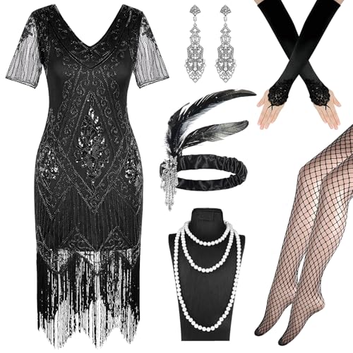 Jokureao 6Stück 20er Jahre Kostüm Damen Set,V-Ausschnitt Pailletten Rock, Gatsby Kleid Damen mit 20er, 1920er Charleston Kleid für Karneval Retro Party Cosplay Party von Jokureao