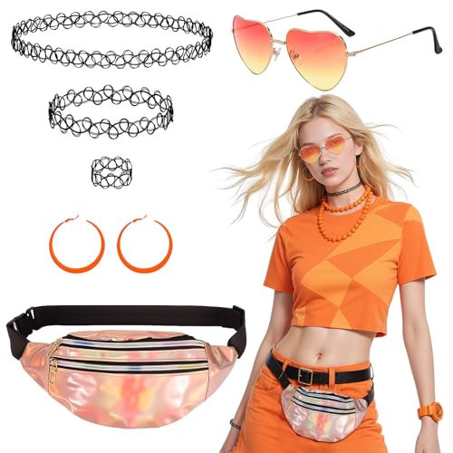 6Stück 90er Jahre Outfit Damen Set, 80er 90er Jahre Neon Party Outfit mit Bauchtasche Orange, Herzbrille, Ohrringe, Kette, Armband und Ring, Retro 90s Accessoires Damen für Karneval, Neon Mottoparty von Jokureao