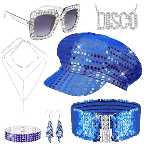 Jokureao 7-teiliges 70er-Jahre Disco-Zubehör-Set für Damen, 70er-Jahre-Kostüm-Zubehör, Outfits mit Pailletten-Hut, Gürtel, Sonnenbrillen-Anhänger, Retro-Disco-Kostüm-Set für Themenparty, Halloween Jokureao 7-teiliges 70er-Jahre Disco-Zubehör-Set für Damen, 70er-Jahre-Kostüm-Zubehör, Outfits mit Pailletten-Hut, Gürtel, Sonnenbrillen-Anhänger, Retro-Disco-Kostüm-Set für Themenparty, Halloween von Jokureao