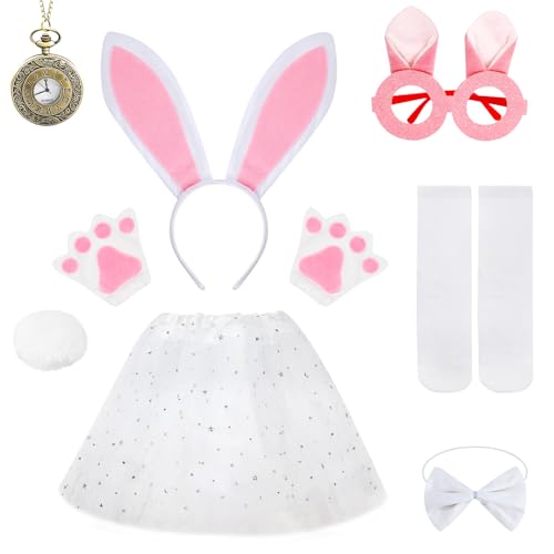 Jokureao 9-teiliges Hasenkostüm-Set für Kinder, rosa Hasen-Kostüm, Tier-Kostüm-Set mit Zubehör mit Hasenohren, Stirnband, Tutu-Rock, Schwanz für Mädchen, Ostern, Karneval, Weltbuchtag Jokureao 9-teiliges Hasenkostüm-Set für Kinder, rosa Hasen-Kostüm, Tier-Kostüm-Set mit Zubehör mit Hasenohren, Stirnband, Tutu-Rock, Schwanz für Mädchen, Ostern, Karneval, Weltbuchtag von Jokureao