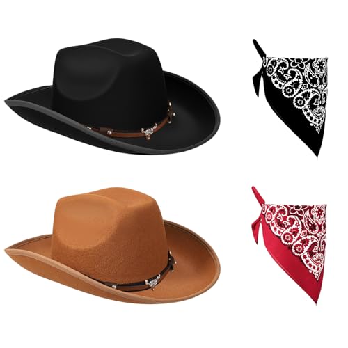Jokureao Cowboyhüte, 4-teiliges Western-Cowboyhut-Set, Unisex, Kostümzubehör für Erwachsene, Schwarz & Braun, Cowboyhut mit Schal für Halloween, Junggesellinnenabschiede von Jokureao