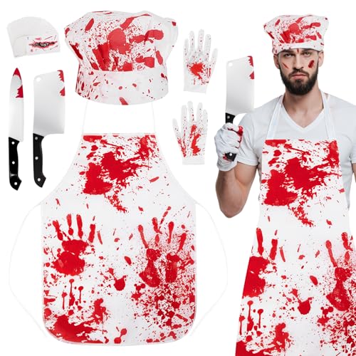 Jokureao Halloween-Metzger-Kostüm-Set, blutige Schürze mit Handschuhen, Kochmütze, Requisite, Messer, blutige und Tattoo-Aufkleber, Horror-gruseliges Kostümzubehör für Erwachsene, Halloween-Kostüm, 36 von Jokureao