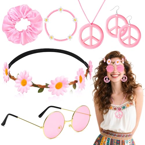 Jokureao Hippie-Kostüm-Zubehör-Set für Damen, 7-teiliges Boho-Kostüm-Set mit Stirnband, Sonnenbrille, Friedenszeichen-Halskette, Ohrringen, Armband und Haargummi, für Mädchen, Hippie-Partyzubehör von Jokureao