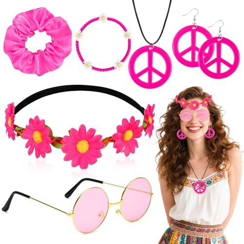 Jokureao Hippie-Kostüm-Zubehör-Set für Damen, 7-teiliges Boho-Kostüm-Set mit Stirnband, Sonnenbrille, Friedenszeichen-Halskette, Ohrringen, Armband und Haargummi, für Mädchen, Hippie-Partyzubehör von Jokureao
