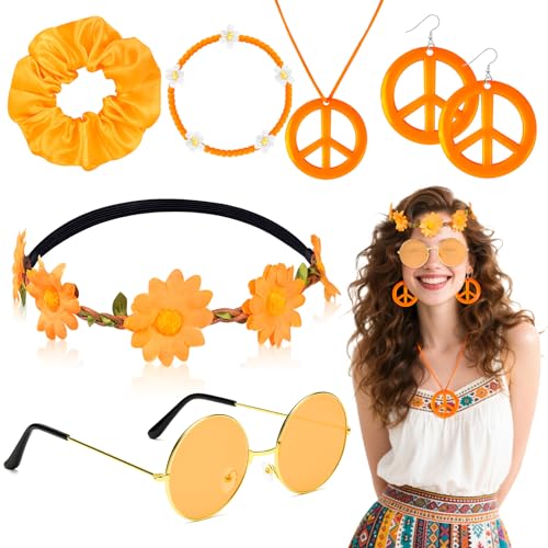 Jokureao Hippie-Kostüm-Zubehör-Set für Damen, 7-teiliges Boho-Kostüm-Set mit Stirnband, Sonnenbrille, Friedenszeichen-Halskette, Ohrringen, Armband und Haargummi, für Mädchen, Hippie-Partyzubehör von Jokureao