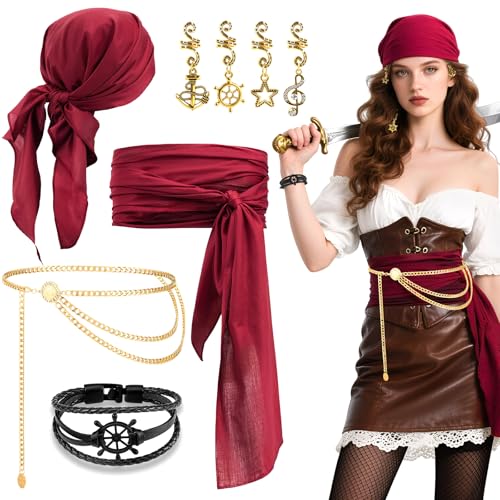 Piratenkostüm-Zubehör-Set, 8-teiliges Piraten-Rollenspiel-Outfit-Set, mittelalterliche Damen-Piraten-Kostüm-Accessoires mit Bandana, Schärpe, Gürtel, Sonnenblumen-Hüftkette für Halloween, Cosplay Piratenkostüm-Zubehör-Set, 8-teiliges Piraten-Rollenspiel-Outfit-Set, mittelalterliche Damen-Piraten-Kostüm-Accessoires mit Bandana, Schärpe, Gürtel, Sonnenblumen-Hüftkette für Halloween, Cosplay von Jokureao