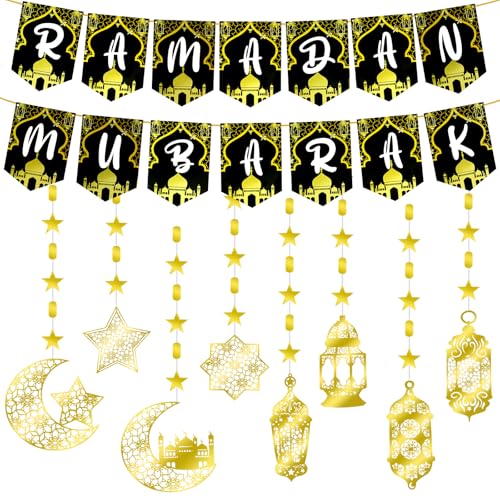 Ramadan Mubarak Eid Dekorationen Set, Ramadan hängende Wanddekorationen mit glänzendem Gold Stern Mond Laterne, Ramadan Mubarak Banner Ramadan Dekorationen für Eid Festival Party Supplies Ramadan Mubarak Eid Dekorationen Set, Ramadan hängende Wanddekorationen mit glänzendem Gold Stern Mond Laterne, Ramadan Mubarak Banner Ramadan Dekorationen für Eid Festival Party Supplies von Jokureao