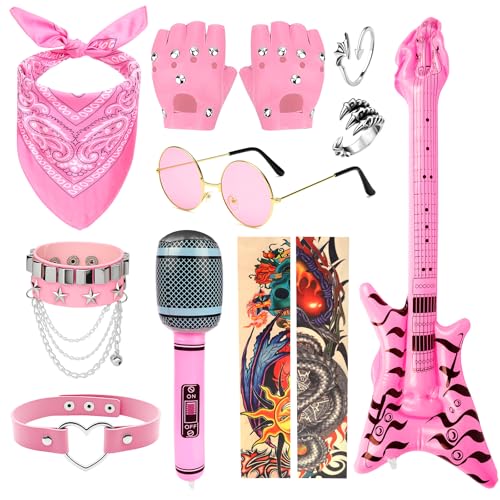 Rockstar-Kostüm-Set, Gothic-Punk-Zubehör mit aufblasbarem Gitarren-Mikrofon, Bandana, Tattoo-Ärmel, Ringe, Punk-Rocker-Kostüm, Rockstar-Zubehör für Erwachsene, Kinder, 80er-Jahre Disco-Party, 10 Rockstar-Kostüm-Set, Gothic-Punk-Zubehör mit aufblasbarem Gitarren-Mikrofon, Bandana, Tattoo-Ärmel, Ringe, Punk-Rocker-Kostüm, Rockstar-Zubehör für Erwachsene, Kinder, 80er-Jahre Disco-Party, 10 von Jokureao