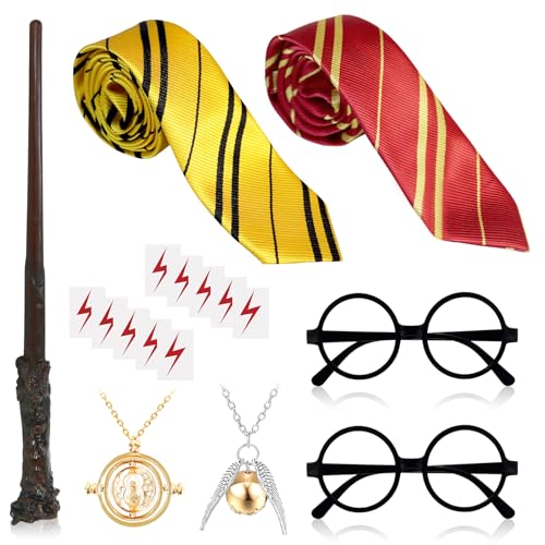 Zauberer-Kostüm-Set, Zauberer-Kostüm-Zubehör mit Zauberstab, gestreifter Krawatte, runder Rahmen, Brille, Halskette, Kinder und Erwachsene, Zauberer-Kostüm für Cosplay, Kostüm, Halloween, Weltbuchtag, Zauberer-Kostüm-Set, Zauberer-Kostüm-Zubehör mit Zauberstab, gestreifter Krawatte, runder Rahmen, Brille, Halskette, Kinder und Erwachsene, Zauberer-Kostüm für Cosplay, Kostüm, Halloween, Weltbuchtag, von Jokureao