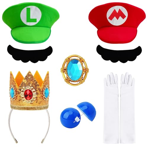Jolbndcv Super Brothers Halloween-Kostüm mit Hut, Schnurrbart, Handschuhen, Krone, Zubehör für Erwachsene, Halloween, Cosplay von Jolbndcv