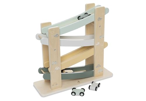 Jollein Kugelbahn Holz Autos – On The Go – Rennbahn mit 4 Holzautos – Fördert Motorik & Koordination – Autospielzeug – Geschenkidee für Kinder – Autorampe von Jollein