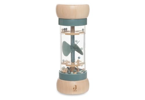Jollein Regenmacher Baby aus Holz – On The Go – Baby Spielzeug ab 0+ Monaten – Mit Roller & Helikopter-Motiv – Fördert Sinne & Motorik – Seegrün/Beige von Jollein