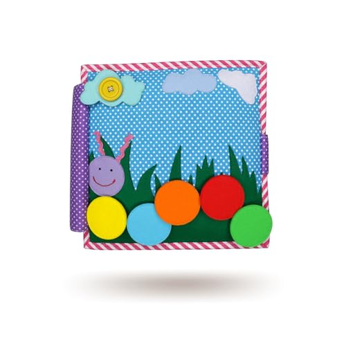 Jolly Designs – Bunte Raupe – 6 Seiten Quiet Book – Montessori Spielzeug ab 18 Monaten – Motorik & Sensorik fördern – Handgefertigtes Filzbuch – Lernspielzeug für Kleinkinder – Busy Book für unterwegs von Jolly Designs