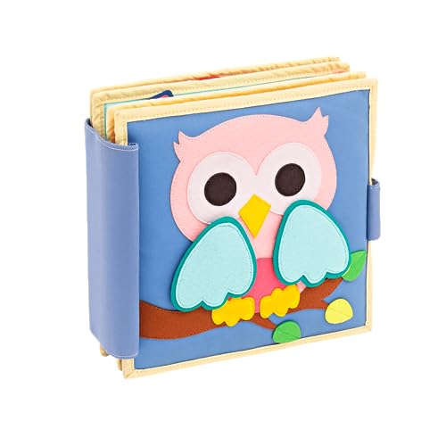 Jolly Designs 6-Seitiges Quiet Book Pastell Junge Eule | Montessori Lernspielzeug aus Hochwertigem Stoff zur Förderung Der Motorik | Für Kleinkinder und Babys ab 1 Jahr von Jolly Designs