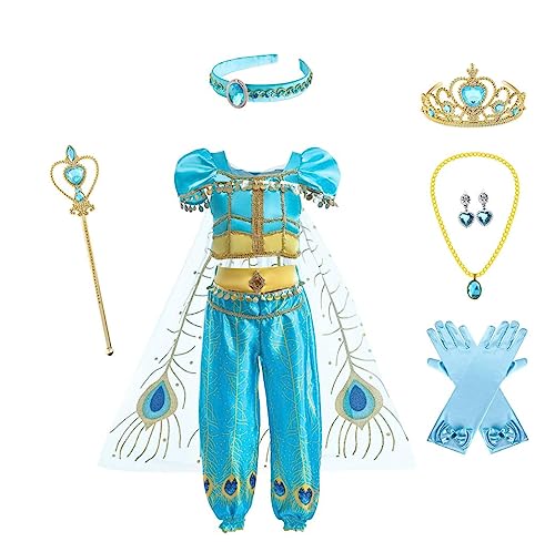 Jolly Fancy - Prinzessin Jasmin Kleid Kostüm Verkleidung mit Cape, Stirnband und Zubehör für Kinder Mädchen Größe 8-9 Jahre 134, Türkis von Jolly Fancy