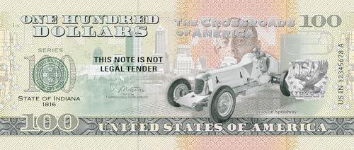 Souvenirschein 100 Dollar Indiana - Heimat des Motorsports- Geschenkidee in attraktiver und hochwertiger Umverpackung von JollyBooks
