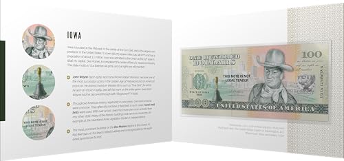 Souvenirschein 100 Dollar Iowa - Der Falkenauge-Staat- Geschenkidee in attraktiver und hochwertiger Umverpackung von JollyBooks