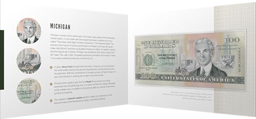 Souvenirschein 100 Dollar Michigan - Der Vielfraß-Staat- Geschenkidee in attraktiver und hochwertiger Umverpackung von JollyBooks