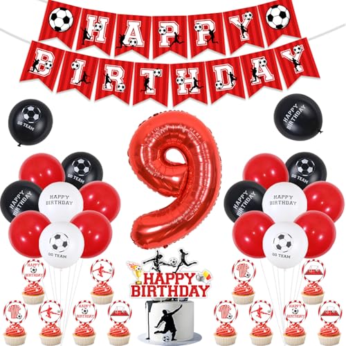 9 Geburtstag Dekorationen Jungen Fußball, Rot Happy Birthday Fußball Banner, Fußball Thema Kuchen Cupcake Topper, Fußball Luftballons Rot Schwarz Weiß, Rot 9 Folienfußball Ballon für 9 Jahre Alt 9 Geburtstag Dekorationen Jungen Fußball, Rot Happy Birthday Fußball Banner, Fußball Thema Kuchen Cupcake Topper, Fußball Luftballons Rot Schwarz Weiß, Rot 9 Folienfußball Ballon für 9 Jahre Alt von Jollyboom