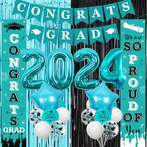 Abschlussdekorationen Blaugrün, Klasse von 2024 Congrats Grad Banner We Are So Proud of You Veranda Schild Fransenvorhang 2024 Abschluss Folienballon für High School College Graduation Dekorationen von Jollyboom