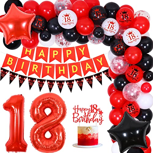 Deko 18. Geburtstag Junge Rot Weiß, Happy Birthday Banner und Helium Luftballon 18, Ballon Girlande Schwarz Rot Weiß Tortendeko Dreieck Flagge Stern Folienballon für Mädchen Junge 18 Jahre Geburtstag von Jollyboom
