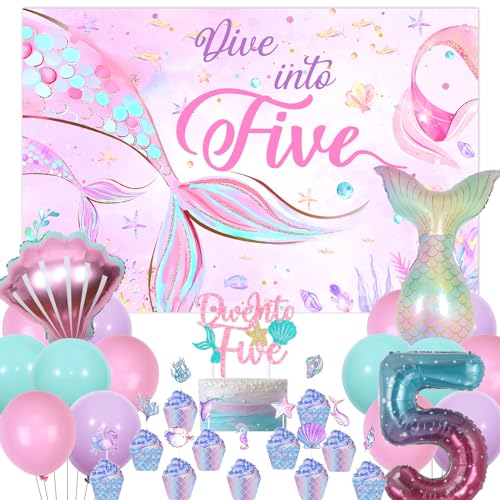 Dive Into Five Mermaid Birthday Party Decorations, Girl Ocean Theme 5th Birthday Backdrop Cake Cupcake Toppers, Mermaid Tail Shell Foil Balloon Pink Purple Blue Balloon for Girl 5 Year Old Party von Jollyboom
