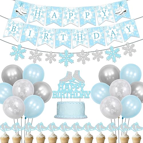 Eislaufen Geburtstagsdekorationen, Skaten Happy Birthday Banner Schneeflocke Girlande Banner Blau Silber Ballon Roller Skating Kuchen Cupcake Topper für Mädchen Winter Geburtstag Party von Jollyboom