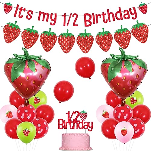 Erdbeere Halb Geburtstag Dekorationen für Mädchen, It's My 1/2 Geburtstag Banner Cake Topper Erdbeere Banner Girlande Rot Rosa Grün Ballon Folienballon für Obst Mottoparty von Jollyboom