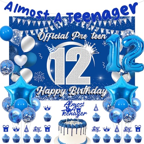 Jollyboom 12. Geburtstag Dekorationen für Jungen, Blau Silber Offizielle 12 Pre-Teen Happy Birthday Hintergrund, Fast ein Teenager Banner Kuchen Cupcake Toppers Blau Stern Folienballons für 12 Jahre Jollyboom 12. Geburtstag Dekorationen für Jungen, Blau Silber Offizielle 12 Pre-Teen Happy Birthday Hintergrund, Fast ein Teenager Banner Kuchen Cupcake Toppers Blau Stern Folienballons für 12 Jahre von Jollyboom