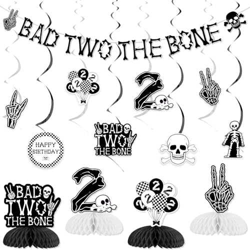 Jollyboom Bad Two The Bone Party Dekorationen Junge Mädchen Skelett 2. Geburtstag Dekorationen Waben-Mittelstücke Bad 2 The Bone Banner Hängender Wirbel für Musikthema Rock and Roll 2. Geburtstag von Jollyboom