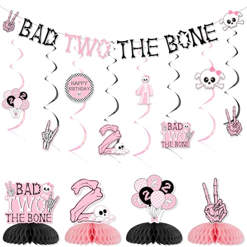 Jollyboom Bad Two The Bone Party-Dekorationen Mädchen, rosa Skelett 2. Geburtstag Dekorationen Waben-Mittelstücke Bad 2 The Bone Banner Hängender Wirbel für Musikthema Rock and Roll 2. Geburtstag von Jollyboom
