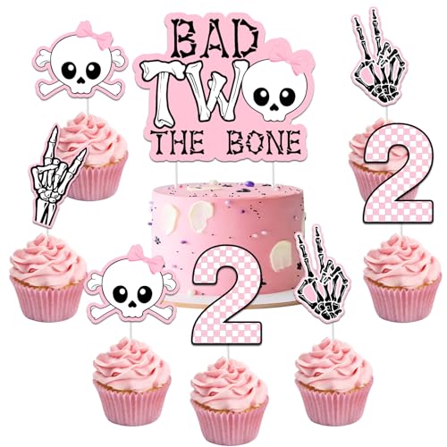 Jollyboom Bad Two the Bone Party-Dekorationen, Tortenaufsatz, Rock and Roll 2. Geburtstag, Party-Dekorationen, Kuchen, Cupcake-Topper, Rosa, für Mädchen, Rockmusik-Thema, 2 Jahre alt, von Jollyboom