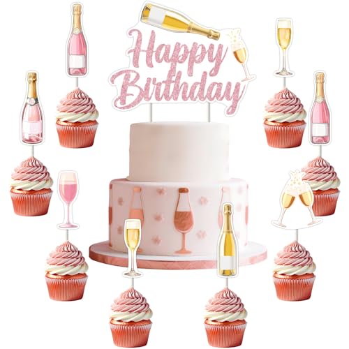 Jollyboom Champagner-Geburtstagstortendekorationen, Roségold, Champagner, Happy Birthday, Kuchendekoration, 24 Stück, rosa Weinflaschen-Gläser, Cupcake-Topper für Frauen und Mädchen Jollyboom Champagner-Geburtstagstortendekorationen, Roségold, Champagner, Happy Birthday, Kuchendekoration, 24 Stück, rosa Weinflaschen-Gläser, Cupcake-Topper für Frauen und Mädchen von Jollyboom