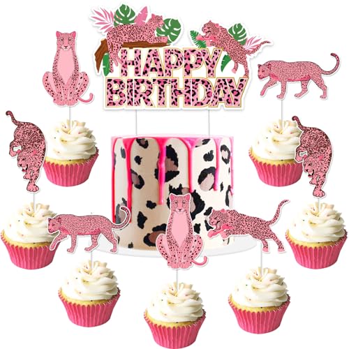 Jollyboom Cheetah Geburtstag Dekorationen Kuchen Topper Rosa Gepard Happy Birthday Dekoration Kuchen Topper Rosa Leopard Cupcake Topper für Dschungel Safari Wild One Gepard Druck Geburtstag Babyparty von Jollyboom
