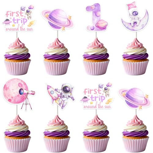 Jollyboom Cupcake-Topper für den 1. Geburtstag, Motiv: Weltraum, Motiv: Erste Reise um die Sonne, rosa Astronaut, Planeten, Sonnensystem, Kuchendekoration für Weltraum, Thema, erster Geburtstag Jollyboom Cupcake-Topper für den 1. Geburtstag, Motiv: Weltraum, Motiv: Erste Reise um die Sonne, rosa Astronaut, Planeten, Sonnensystem, Kuchendekoration für Weltraum, Thema, erster Geburtstag von Jollyboom