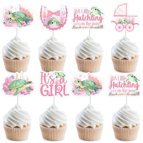 Jollyboom Cupcake-Topper mit Meeresschildkröte, für Babyparty, Mädchen, 36 Stück, mit Aufschrift "A Little Hatchling Is On The Way" von Jollyboom