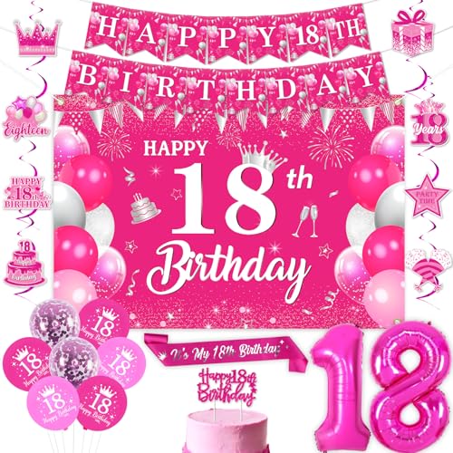Jollyboom Dekoration zum 18. Geburtstag, für sie, Hot Pink, Happy 18th Birthday, Dekoration, Hintergrundbanner, hängende Wirbel, Kuchendekoration, Schärpe, Luftballons, 18 Folien, für Mädchen, 18 Jollyboom Dekoration zum 18. Geburtstag, für sie, Hot Pink, Happy 18th Birthday, Dekoration, Hintergrundbanner, hängende Wirbel, Kuchendekoration, Schärpe, Luftballons, 18 Folien, für Mädchen, 18 von Jollyboom