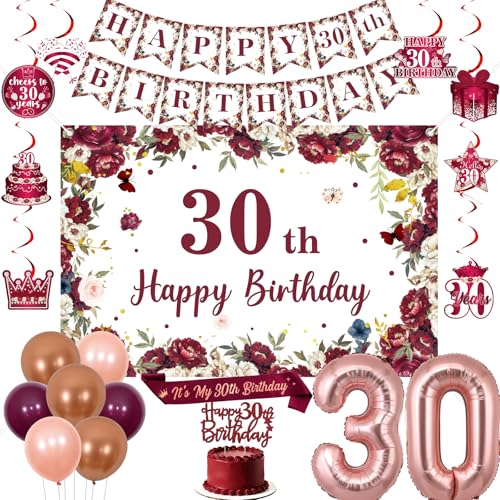 Jollyboom Dekoration zum 30. Geburtstag, Burgunderrot, Happy 30th Birthday, Schärpe, Diadem weinrote Blumen, Hintergrund, Banner, hängende Wirbel, Kuchendekoration, Luftballons, 30 Folien, für Frauen Jollyboom Dekoration zum 30. Geburtstag, Burgunderrot, Happy 30th Birthday, Schärpe, Diadem weinrote Blumen, Hintergrund, Banner, hängende Wirbel, Kuchendekoration, Luftballons, 30 Folien, für Frauen von Jollyboom