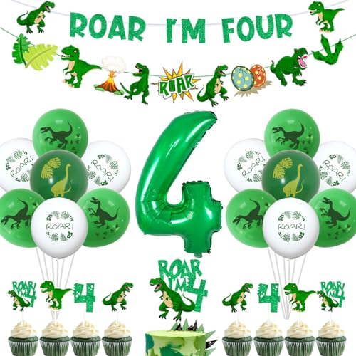 Jollyboom Dinosaurier 4 Geburtstag Dekorationen Junge, Roar I'm 4 Dinosaurier Party Dekorationen Banner Girlande Kuchen Cupcake Topper Nummer 4 Folienballon für Junge 4 Jahre alt Dschungel Thema Four Jollyboom Dinosaurier 4 Geburtstag Dekorationen Junge, Roar I'm 4 Dinosaurier Party Dekorationen Banner Girlande Kuchen Cupcake Topper Nummer 4 Folienballon für Junge 4 Jahre alt Dschungel Thema Four von Jollyboom