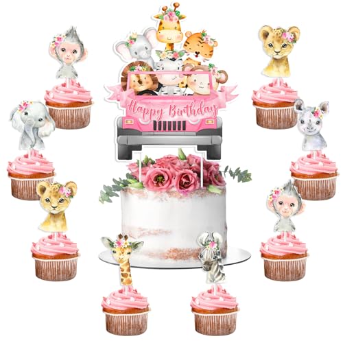 Jollyboom Dschungeltier-Geburtstagsdekorationen, Kuchendekoration, rosa Safari, Happy Birthday, Kuchendekoration, Safari-Tiere, Cupcake-Topper für Mädchen, zwei wilde 1. Geburtstag, Party, Babyparty Jollyboom Dschungeltier-Geburtstagsdekorationen, Kuchendekoration, rosa Safari, Happy Birthday, Kuchendekoration, Safari-Tiere, Cupcake-Topper für Mädchen, zwei wilde 1. Geburtstag, Party, Babyparty von Jollyboom