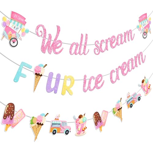 Jollyboom Eiscreme 4 Geburtstag Deko, We All Scream 4 Eis Geburtstag Banner Glitzer Eis Banner Girlande für Sommer Eiscreme Thema Mädchen 4 Geburtstag Party von Jollyboom