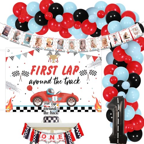 Jollyboom First Lap Around the Track Geburtstagsdekorationen, Rennwagen 1. Geburtstag Hintergrund Kuchen Topper Monatliches Foto Hochstuhl Banner Rot Blau Ballonbogen 1 Folienballon für Junge Fast One von Jollyboom