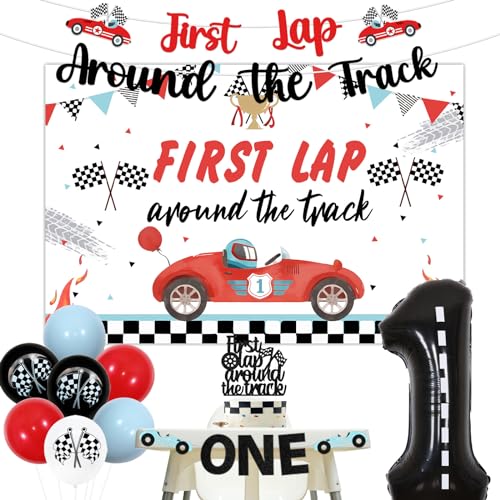 Jollyboom First Lap Around the Track Racing Car 1st Birthday Decorations Red Black White Blue Balloons Banner Backdrop Cake Topper High Chair Banner Foil Number 1 Balloon von Jollyboom